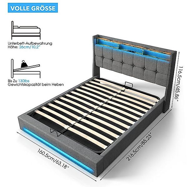 WILGOON Polsterbett Stauraumbett Doppelbett mit LED Licht Hydraulisch anheb günstig online kaufen