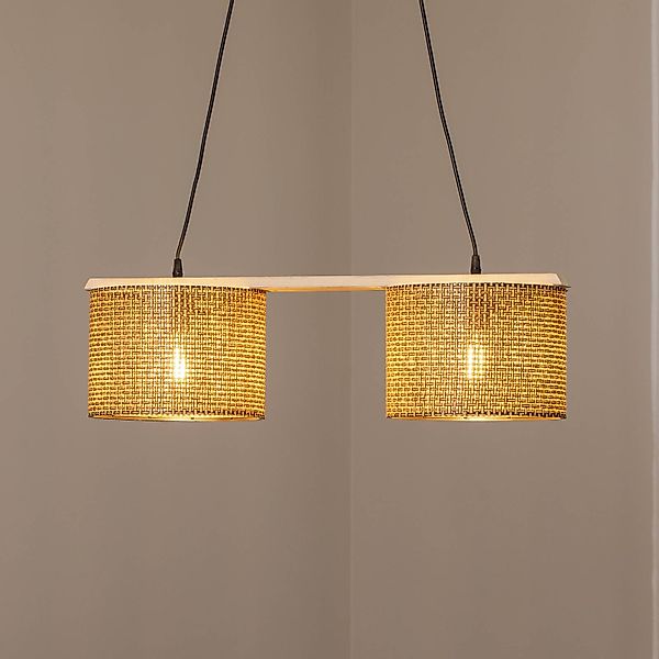 Hängeleuchte Zigana, braun gemustert, 2-flammig, Stoff, Holz günstig online kaufen