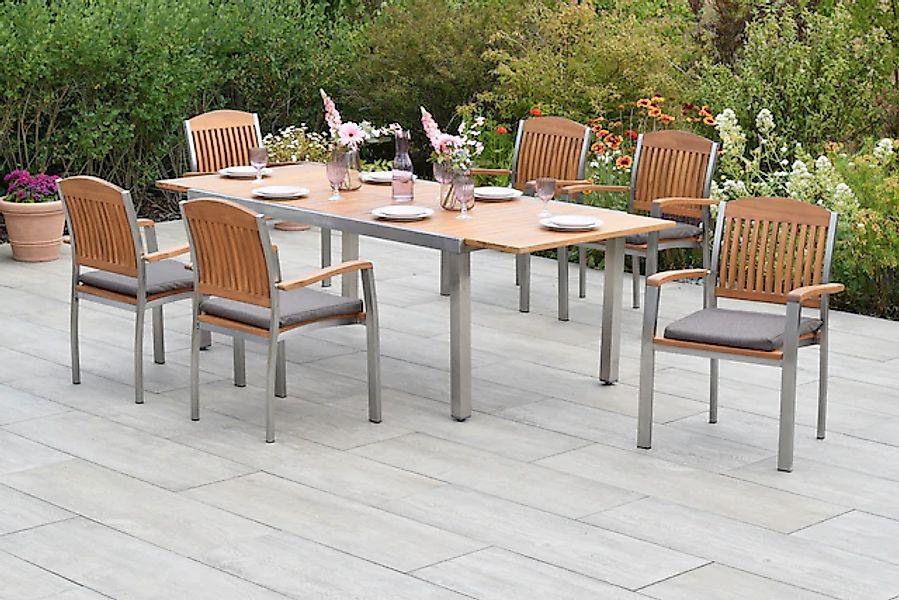 MERXX Garten-Essgruppe »»Keros«« Set, Geöltes Akazienholz, Edelstahlgestell günstig online kaufen