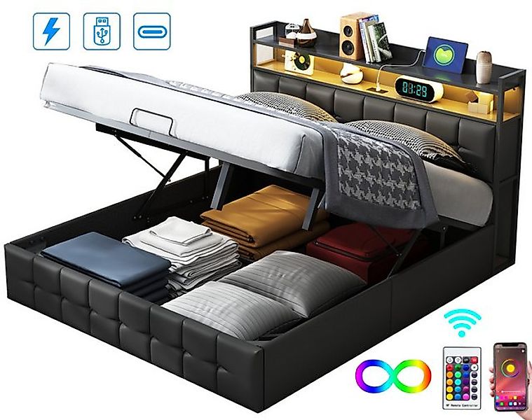 FUROKOY Polsterbett Doppelbett Stauraumbett Hydraulisch anhebbarer mit LED günstig online kaufen