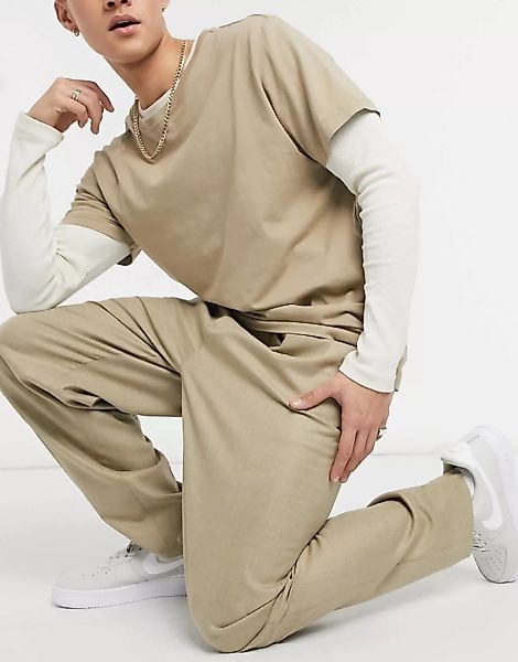 ASOS DESIGN – Schmale Hose mit hoher Taille in Kamel-Neutral günstig online kaufen