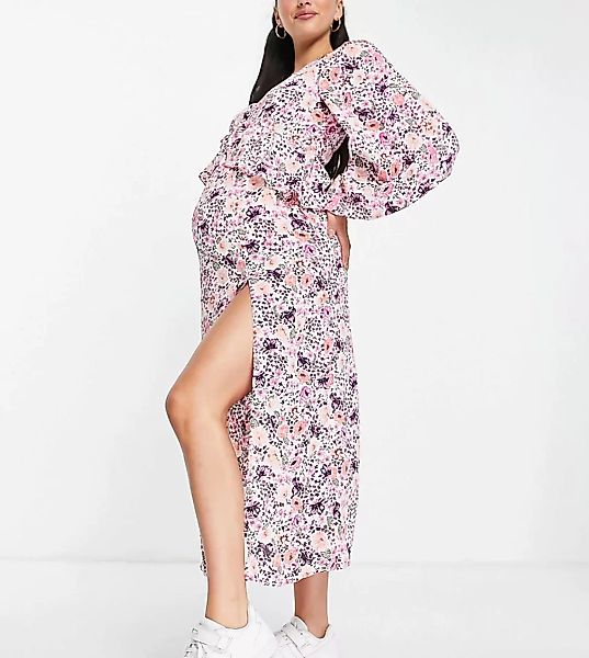 Missguided Maternity – Blusenartiges Midaxikleid mit Rüschen in rosa geblüm günstig online kaufen