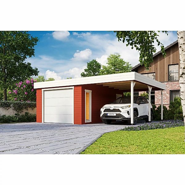 Lasita Maja Holzgarage Bahamas mit Sektionaltor Schwedenrot 660 cm x 540 cm günstig online kaufen