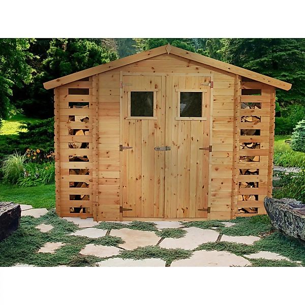 Timbela Gartenhaus Holz mit 2 Brennholzregalen M391+M391G 5,47 m² mit Boden günstig online kaufen