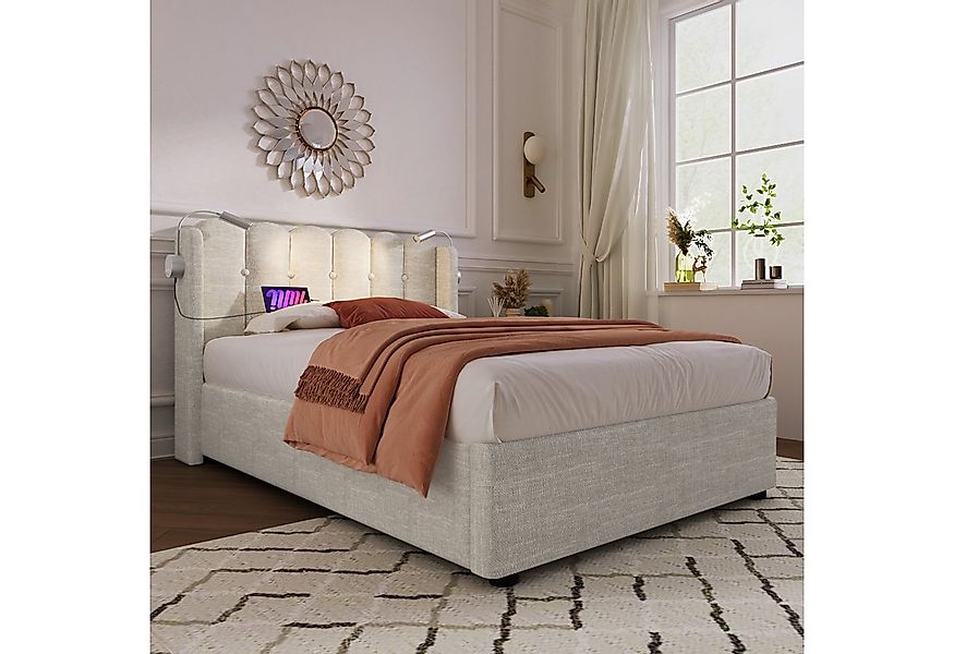 Flieks Polsterbett, Hydraulisches Stauraumbett mit Leselicht und Ladefunkti günstig online kaufen