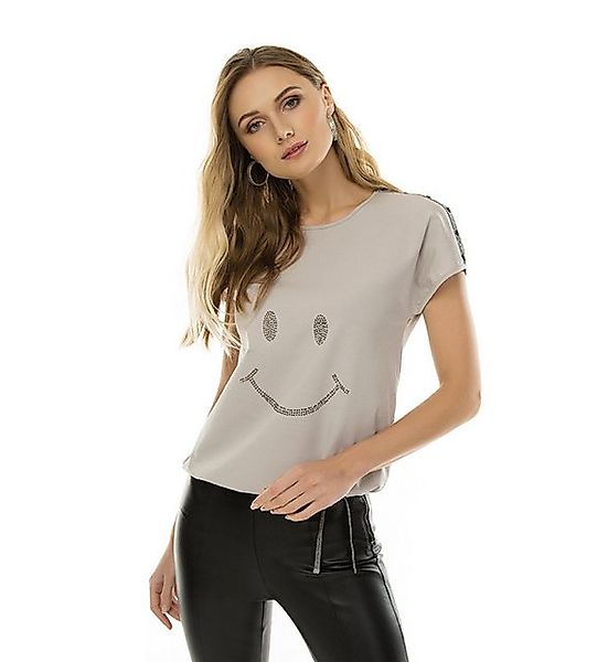 Passioni T-Shirt mit dezentem Strass-Smiley-Muster, Ärmeldetails und Kordel günstig online kaufen