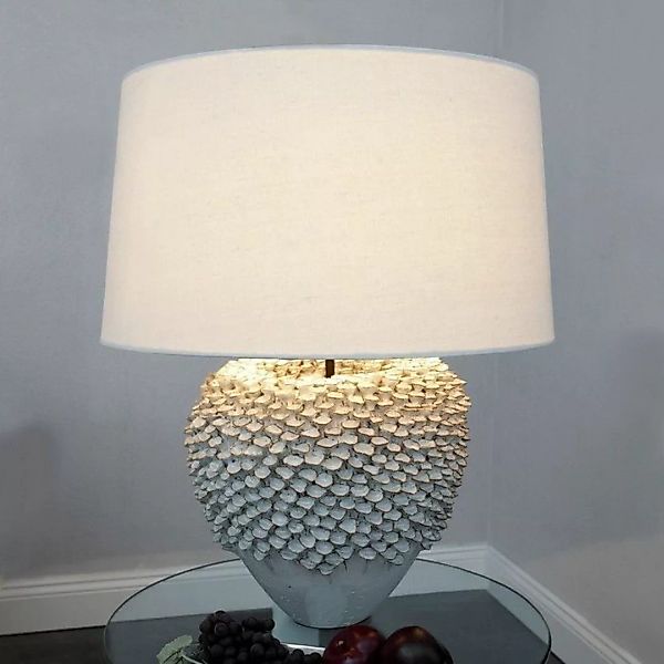 Tischlampe BIJOU Wei? mit Leinenschirm aus Keramik handgefertigt 55cm H?he günstig online kaufen