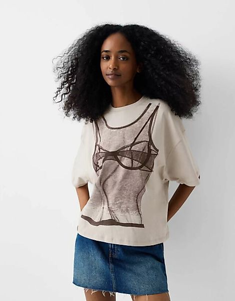 Bershka T-Shirt Mit Print Damen Xs Camel günstig online kaufen