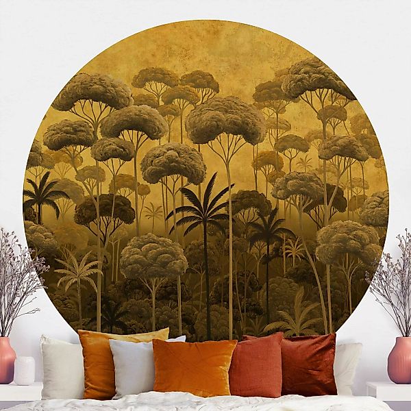 Runde Tapete selbstklebend Hohe Bäume im Dschungel in goldener Tönung günstig online kaufen