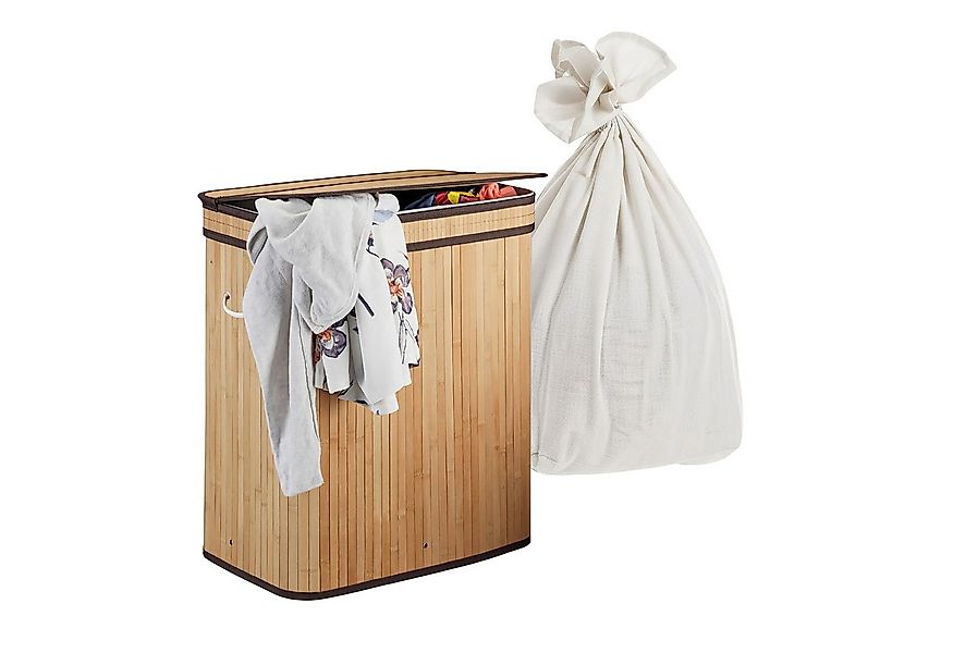 relaxdays Wäschekorb Bambus Wäschekorb mit 2 Fächern, natur günstig online kaufen