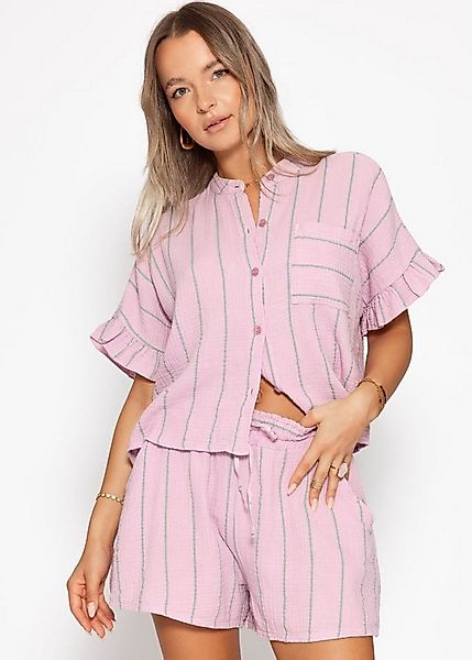 SASSYCLASSY Langarmbluse Gestreifte Musselin Bluse mit Volants Damen Mussel günstig online kaufen