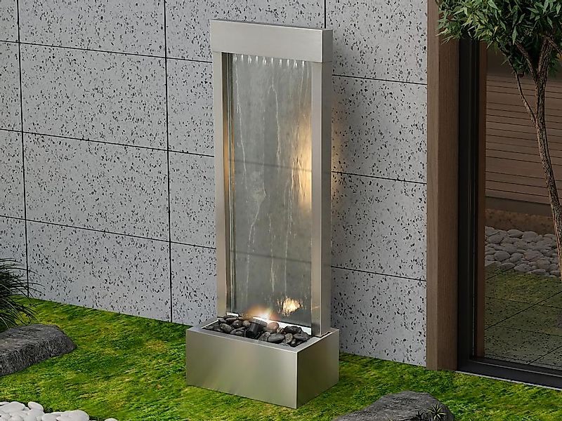 Außenbrunnen aus Edelstahl & Glas mit LED-Beleuchtung - H 108 cm - Silberfa günstig online kaufen