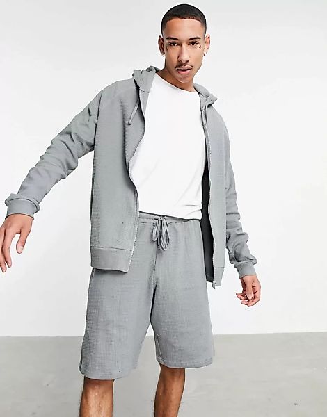 ASOS DESIGN – Lounge-Pyjamaset mit Kapuzenpullover und Shorts mit Waffelstr günstig online kaufen