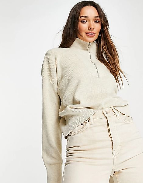 French Connection – Gerippter Pullover in Beige mit halblangem Reißverschlu günstig online kaufen