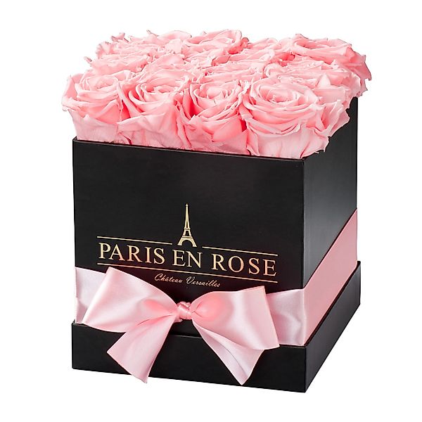 Rosenbox eckig Schwarz mit Schleife und 12 Rosa Rosen günstig online kaufen