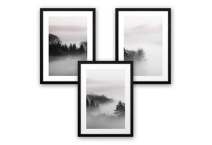 Kreative Feder Poster, Landschaft, Natur, Wald, Nebel, schwarz-weiß (Set, 3 günstig online kaufen