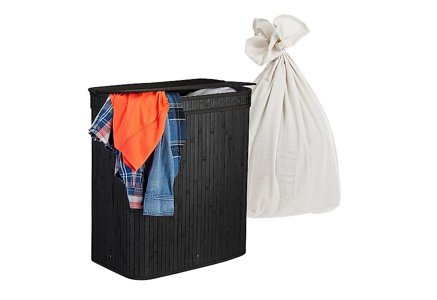 relaxdays Wäschekorb Bambus Wäschekorb mit 2 Fächern, schwarz günstig online kaufen