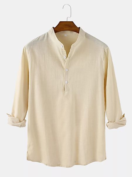 Herren einfarbige Baumwolle Leinen Casual Langarm Henley Shirts mit geteilt günstig online kaufen