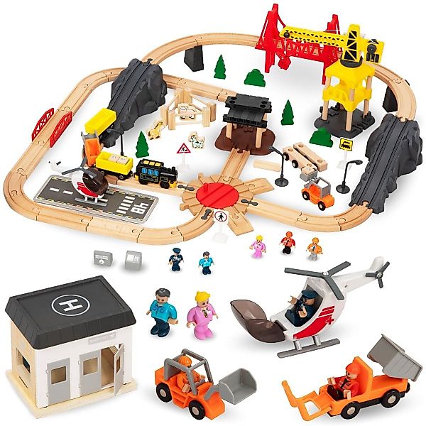 Mamabrum Spielzeug-Eisenbahn Holzeisenbahn-Set mit Flughafen, Kran günstig online kaufen