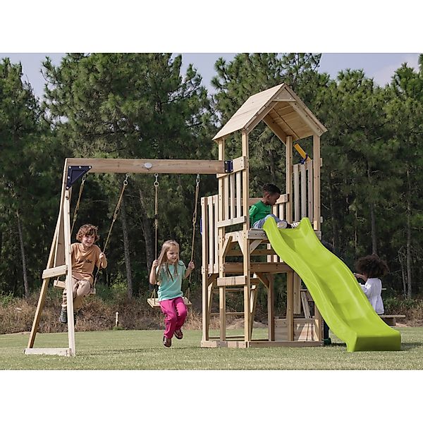 Axi Spielturm Mette mit Doppelschaukel Braun und Rutsche Hellgrün FSC® günstig online kaufen