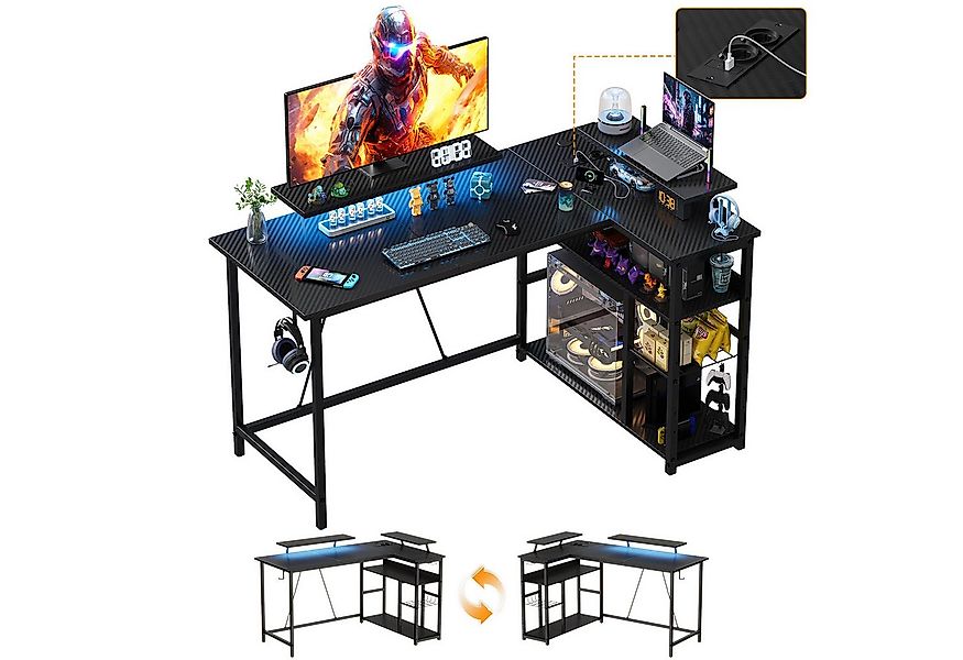HOMALL Gamingtisch L-förmiger Computertisch mit Steckdosen, USB-Anschlüssen günstig online kaufen