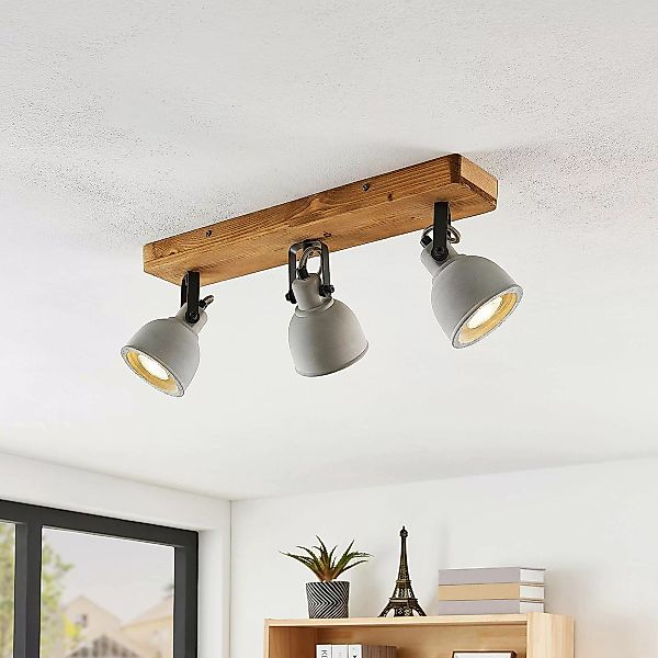 Lindby Spot Mitis, 50 cm, 3-flg., grau, Holz, Beton, GU10 günstig online kaufen