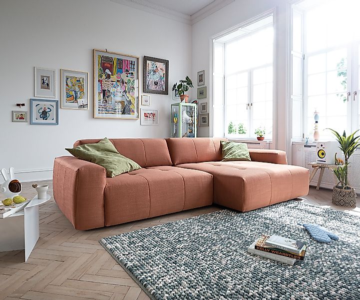 Ecksofa Lazaro 300x160 cm Flachgewebe Orange Ottomane rechts mit Sitztiefen günstig online kaufen