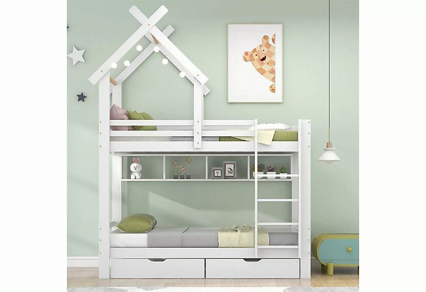 Fangqi Kinderbett 90x200 cm Kinderbett, Etagenbett, Schubladen x 2, Leiter günstig online kaufen