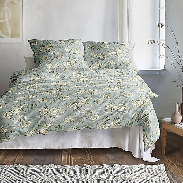 Irisette Mako Satin Bettwäsche Tokio 8537-30 Kirschblumen grün 135x200 günstig online kaufen