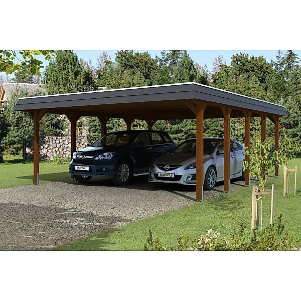 Skan Holz Carport Spreewald 585 cm x 741 cm EPDM Dach schwarze Blende Nussb günstig online kaufen