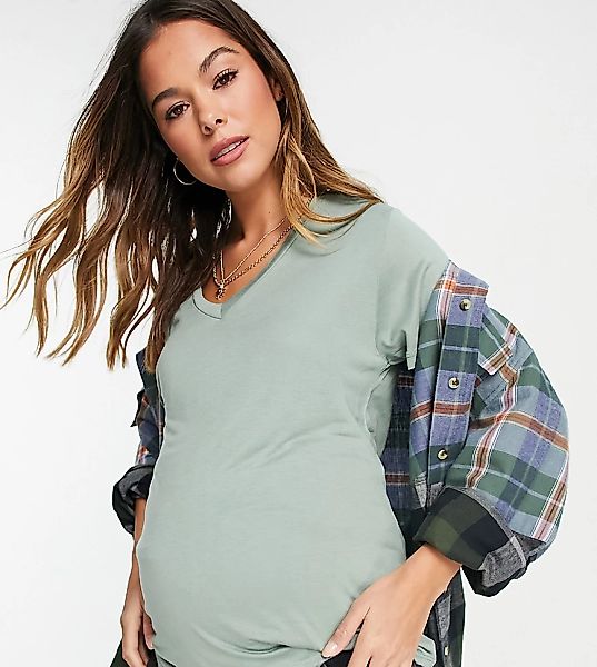 ASOS DESIGN Maternity – T-Shirt in Khaki mit Still-Funktion und V-Ausschnit günstig online kaufen