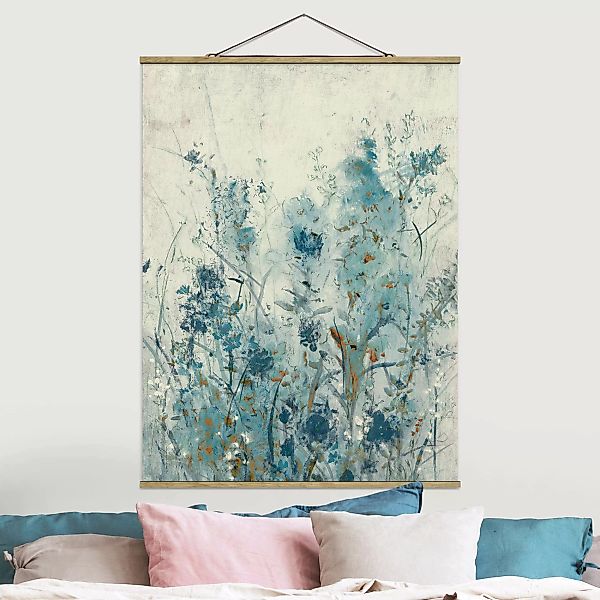 Stoffbild Blumen mit Posterleisten - Hochformat Blaue Frühlingswiese II günstig online kaufen