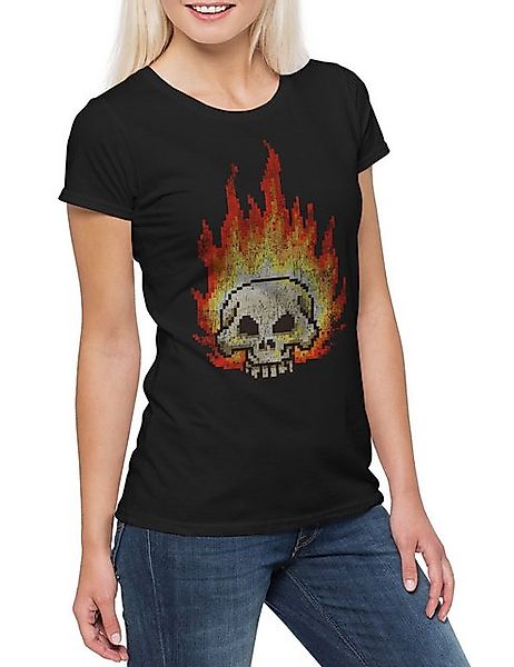 Urban Backwoods Print-Shirt Pixel Burning Skull Damen T-Shirt Skull Skeleto günstig online kaufen