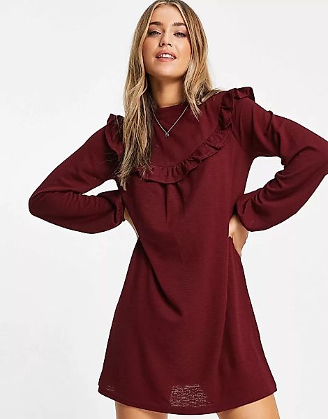 Miss Selfridge – Hängerkleid in Weinrot mit Rüschenbesatz günstig online kaufen