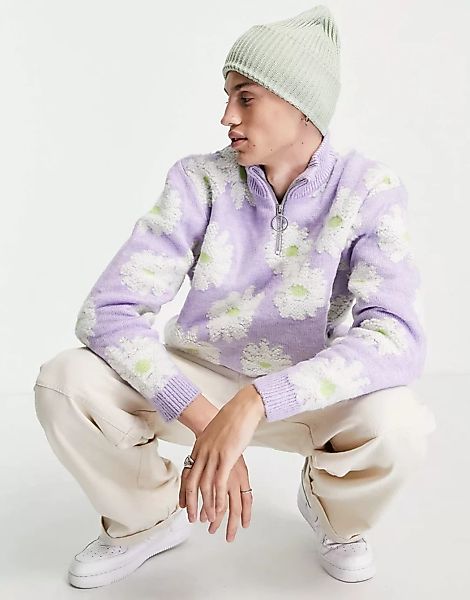 ASOS DESIGN – Flauschiger Pullover mit halbem Reißverschluss und Blumenmust günstig online kaufen