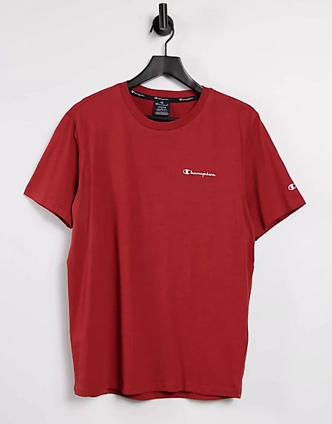 Champion – T-Shirt in Burgunderrot mit kleinem Schriftzug-Logo auf der Brus günstig online kaufen