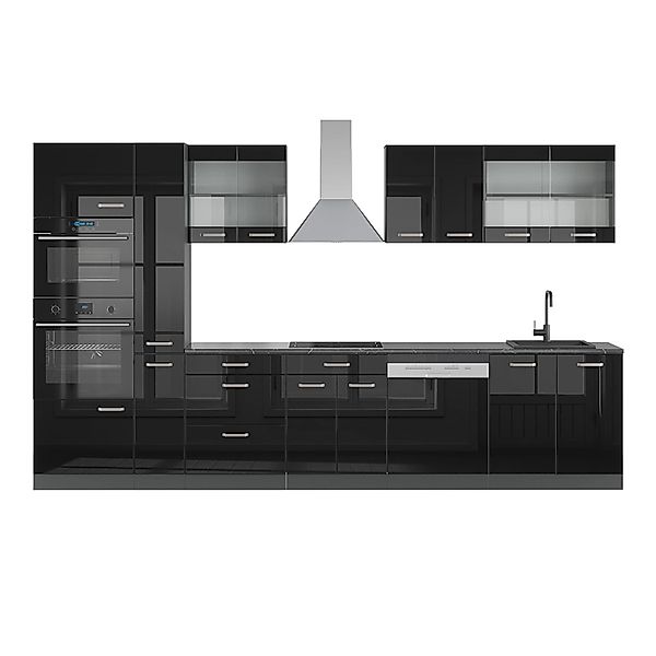 Vicco R-Line Küchenzeile Schwarz Hochglanz/Anthrazit 350 cm mit Hochschrank günstig online kaufen