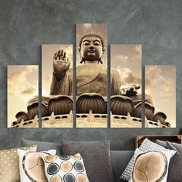 5-teiliges Leinwandbild - Querformat Großer Buddha Sepia günstig online kaufen