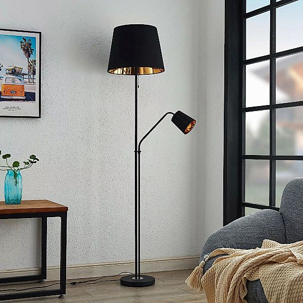 Lindby Stehlampe Efalia, schwarz/gold, Textil, Leselicht günstig online kaufen