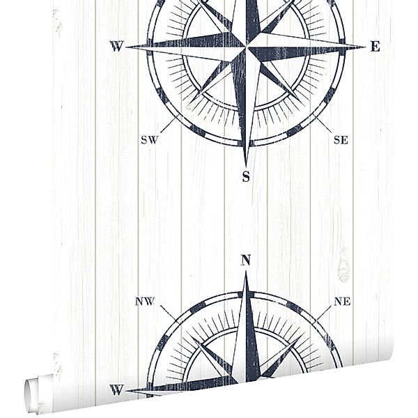 ESTAhome Tapete Kompassrose auf Altholz Dunkelblau und Weiß 53 cm x 10.05 m günstig online kaufen