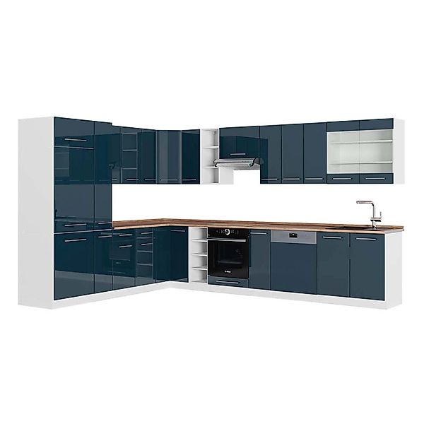 Vicco Fame-Line Eckküche Dunkelblau Hochglanz/Weiß 257 x 60 cm AP Eiche günstig online kaufen