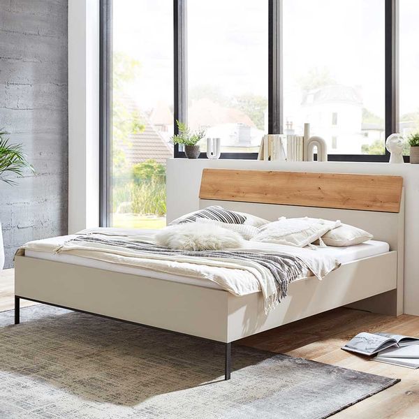 180er Doppel Bett in modernem Design Eiche Bianco und Beige günstig online kaufen