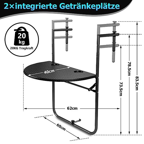Clanmacy Balkonhängetisch 84x60x64cm bis 20kg Balkontisch günstig online kaufen
