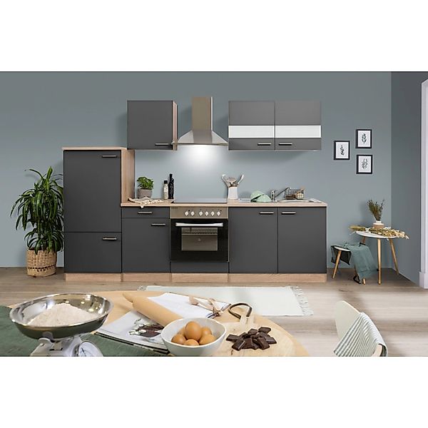Respekta Küchenzeile KB270ESGC 270 cm Grau-Eiche Sägerau Nachbildung Glänze günstig online kaufen