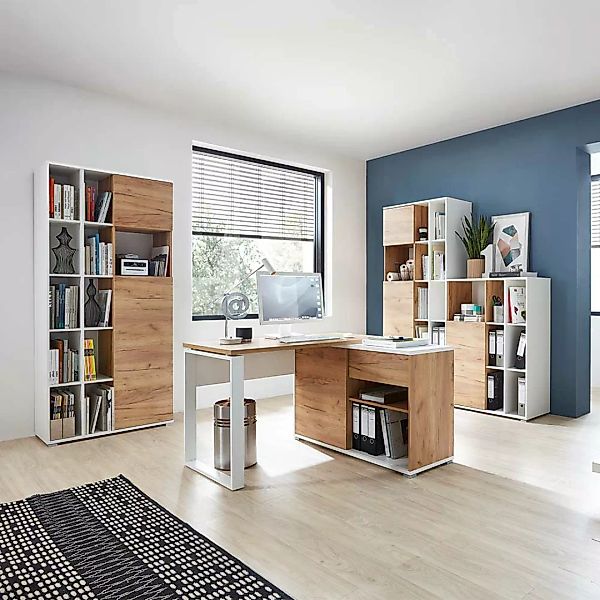 Büromöbel Set in Weiß Wildeichefarben (vierteilig) günstig online kaufen