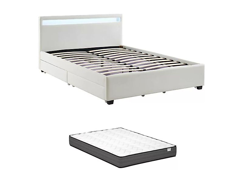 Bett mit Stauraum & LED-Beleuchtung - Kunstleder - 140 x 190 cm - Weiß + Ma günstig online kaufen