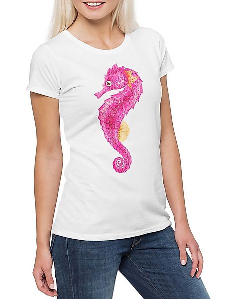 Urban Backwoods Print-Shirt Pink Seahorse Damen T-Shirt Seepferdchen Tattoo günstig online kaufen