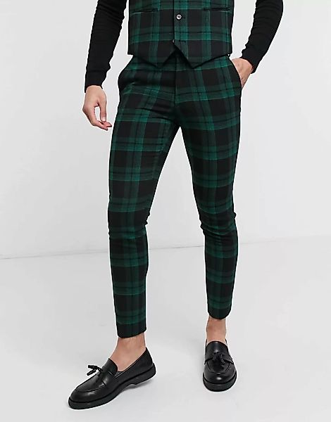 ASOS DESIGN – Extrem enge Anzughose aus Wollmischgewebe mit grünem Schotten günstig online kaufen