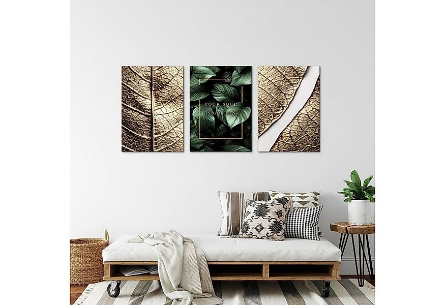Novart Wandbild Wandbilder Set Goldene Blätter 3 Bilder 40x60 cm Wohnzimmer günstig online kaufen