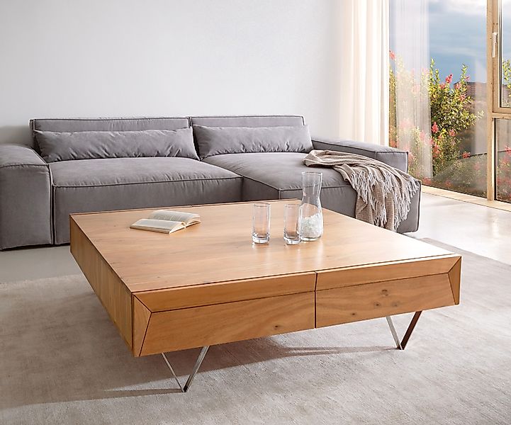 Couchtisch Kayu 115x115 cm Akazie Natur 4 Schübe V-Fuß Edelstahl günstig online kaufen